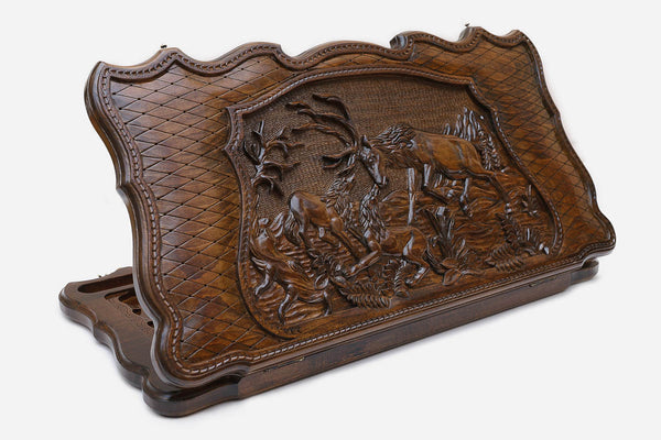 Backgammon Set Deer & Wolf - handmade wooden backgammon board