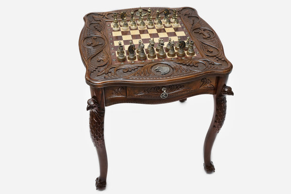 Eagle Beech Chess Table with Bronze Pieces
