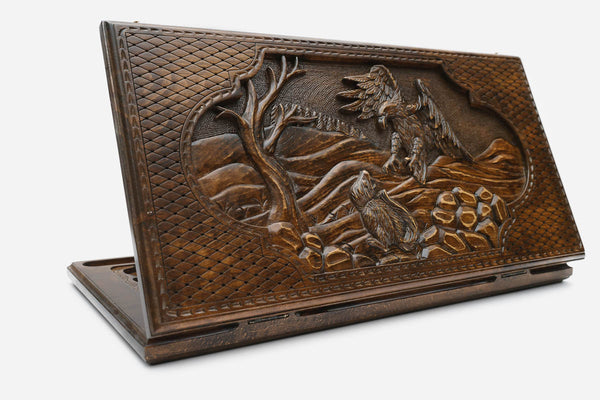 Backgammon Set Hunting Eagle - handmade wooden backgammon board
