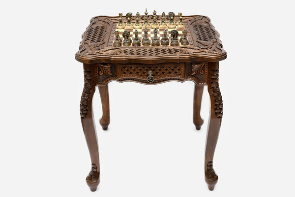 Carved Beech Chess Table with Bronze Pieces