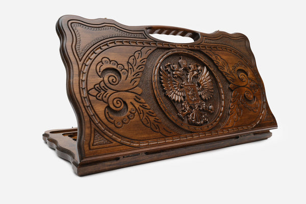 Carved beechwood backgammon board with the Russian double-headed eagle and a carry handle, propped open