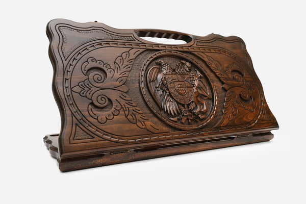 Carved beechwood backgammon board with the Armenian coat of arms and a carry handle, propped open