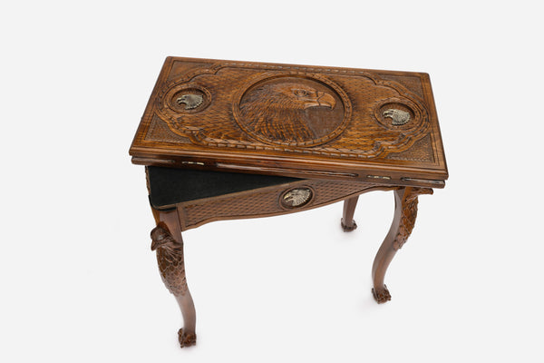 Handle Eagle backgammon table closed, angled view showing the carved eagle legs and lid