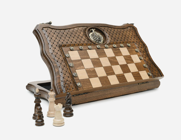 Pomegranate and Grapevine Beech Chess Set with Bronze Pieces