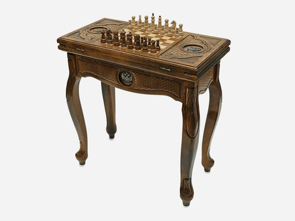 Handle Russian Coat of Arms chess and backgammon table set up for chess, angled view