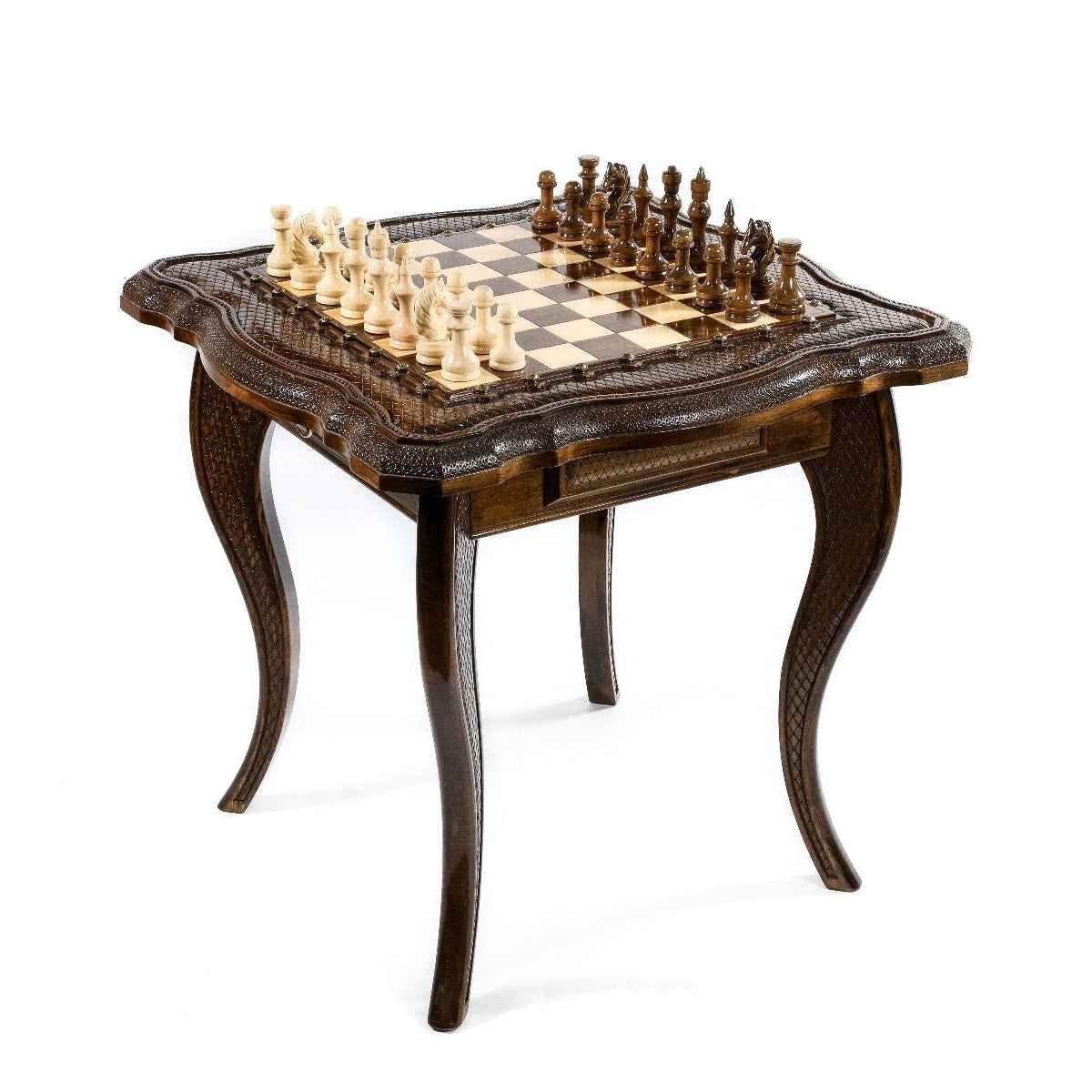 Top-down view showcasing the luxurious wood grain and flawless finish of the handcrafted chess table by Hrachya Ohanyan.