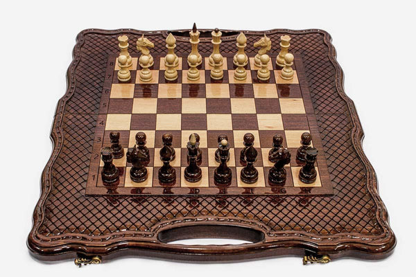 Large Baklava Lattice Beech Chess and Backgammon Set