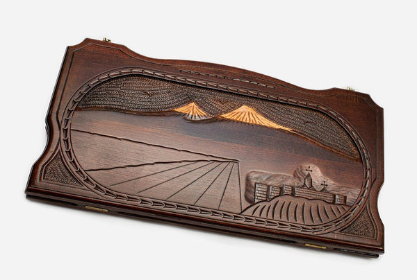 Khor Virap and Mount Ararat carved on backgammon board