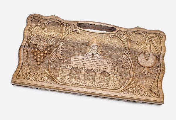Carved walnut backgammon board with the Saint Gayane Church in a medallion, propped open
