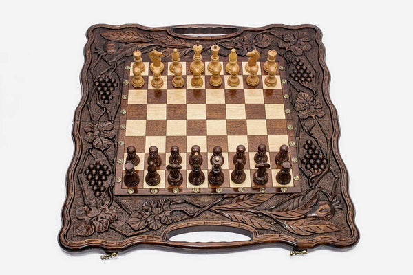 Grand Pomegranate and Grapevine Walnut Chess and Backgammon Set