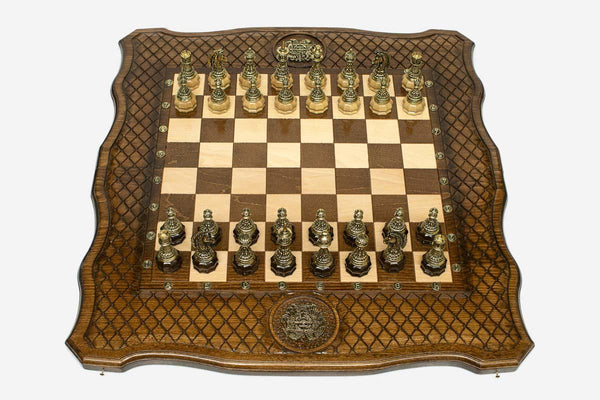 Coat of Arms Beech Chess Set with Bronze Pieces