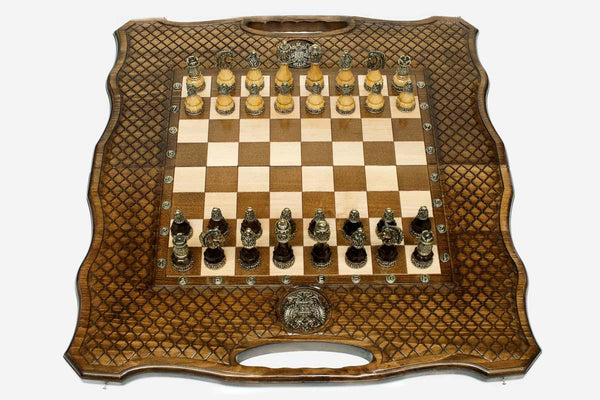 Russian Coat of Arms Beech Chess and Backgammon Set with Bronze Pieces