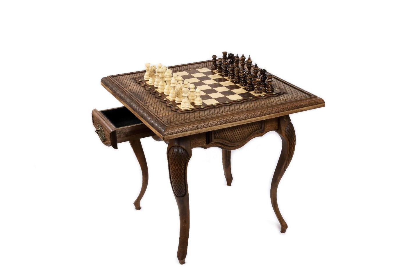 Side view of the elegant wooden chess table, a creation of Hrachya Ohanyan