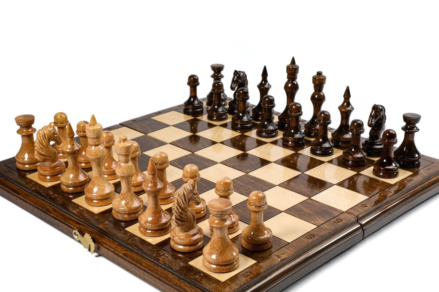 Traditional chess board setup with polished wood design