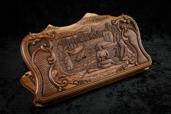 Luxury village walnut backgammon set closed, women at the hand mill and churn in deep relief, Ararat outline, 60 cm