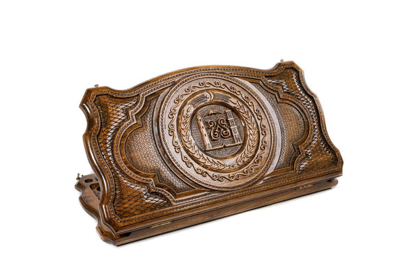 Closed Chechen Republic Coat of Arms backgammon board with copyrighted contour outline.