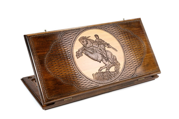 David of Sassoun Armenian backgammon set closed, the rider on a pale oval panel in a lattice cartouche, 23.6 inch / 60 cm