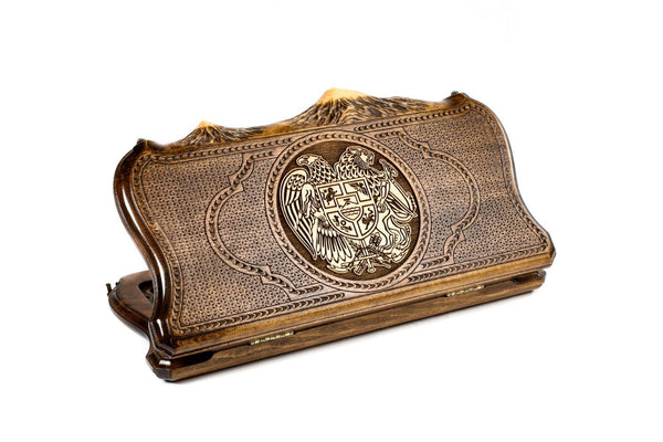 A frontal shot of the closed Coat of Arms backgammon board carved inside the copyrighted Mount Ararat outline.
