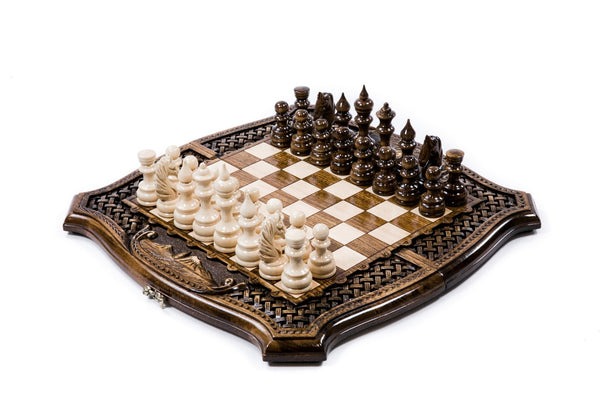 Luxury wooden chess and backgammon set with Mount Ararat, carved braid frame and contour outline, pieces set for play
