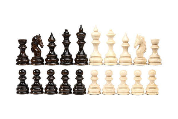 Classic wooden chess pieces, set of 32: 16 dark walnut and 16 pale beech pieces made by Hrachya Ohanyan
