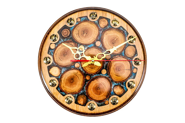 Handmade wooden wall clock with tree branch slices and blue epoxy, 11.8 inch / 30 cm, by Hrachya Ohanyan