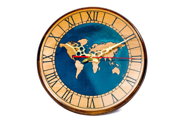 Handmade wooden wall clock with world map in blue, 13.8 inch / 35 cm, by Hrachya Ohanyan