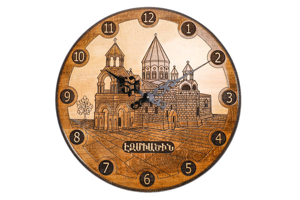 Armenian wall clock with hand-carved Etchmiadzin Cathedral, 23.6 inch / 60 cm, by Hrachya Ohanyan
