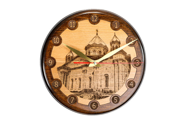 Armenian wall clock with hand-carved Church of the Holy Mother of God, 11.8 inch / 30 cm, by Hrachya Ohanyan