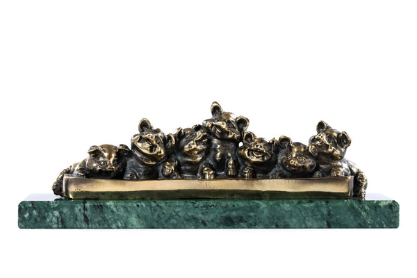 Handmade bronze piglets sculpture with Indian marble, 8.3" / 21 cm, by Hrachya Ohanyan