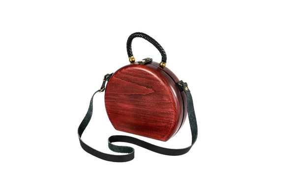Handmade round wooden handbag in cherry red with braided handle, 8.3" / 21 cm, by Hrachya Ohanyan