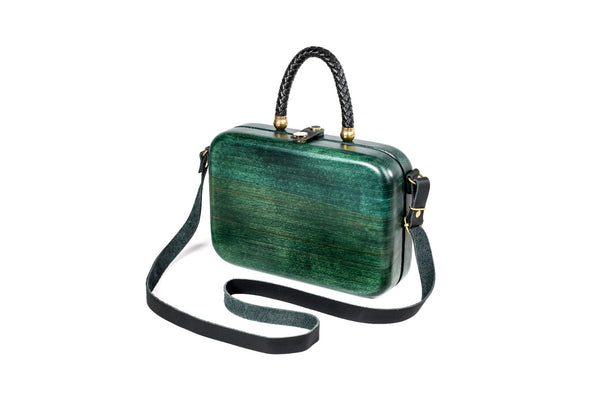 Handmade rectangular wooden handbag in malachite green with braided handle, 9.4" / 24 cm, by Hrachya Ohanyan