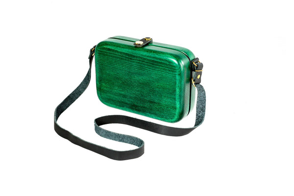 Handmade rectangular wooden handbag in emerald green with leather strap, 8.7" / 22 cm, by Hrachya Ohanyan