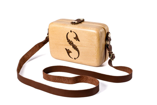 Handmade rectangular wooden handbag with engraved ornament, 5.9" / 15 cm, by Hrachya Ohanyan