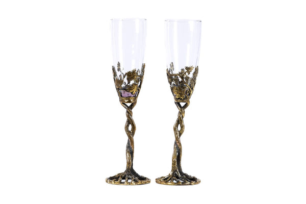 Handmade bronze and glass cups set with grape-vine stems, 9.8" / 25 cm, by Hrachya Ohanyan