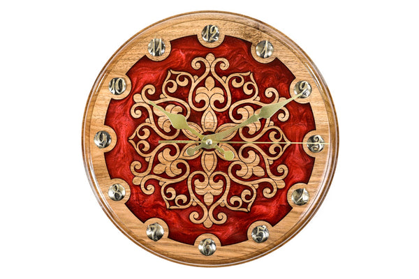 Hand-carved walnut wall clock with ornaments, 11.8 inch / 30 cm, by Hrachya Ohanyan
