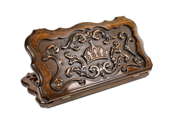 Crown and open rococo scrolls backgammon set closed, high relief on a stippled ground, contour outline, 23.6 inch / 60 cm