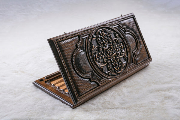 Braided Cross Armenian backgammon set half open, the carved oval medallion on a lattice lid, 23.6 inch / 60 cm