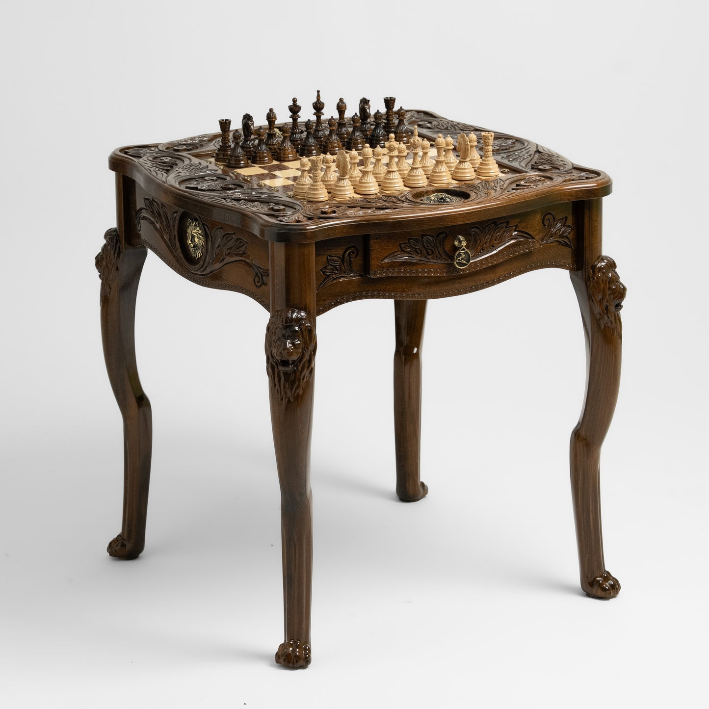Luxurious Handcrafted Chess Table with Lion Accents and Bronze Detailing