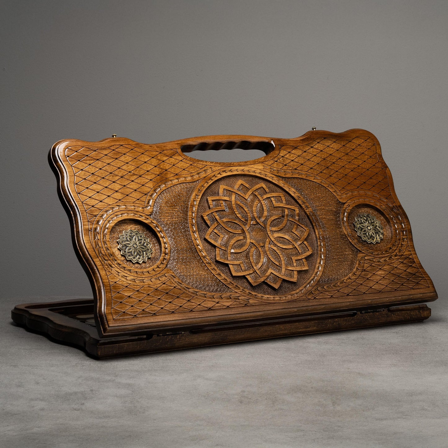 Luxury Wooden Backgammon Set with Intricate Hand-Carved Ornamental Details