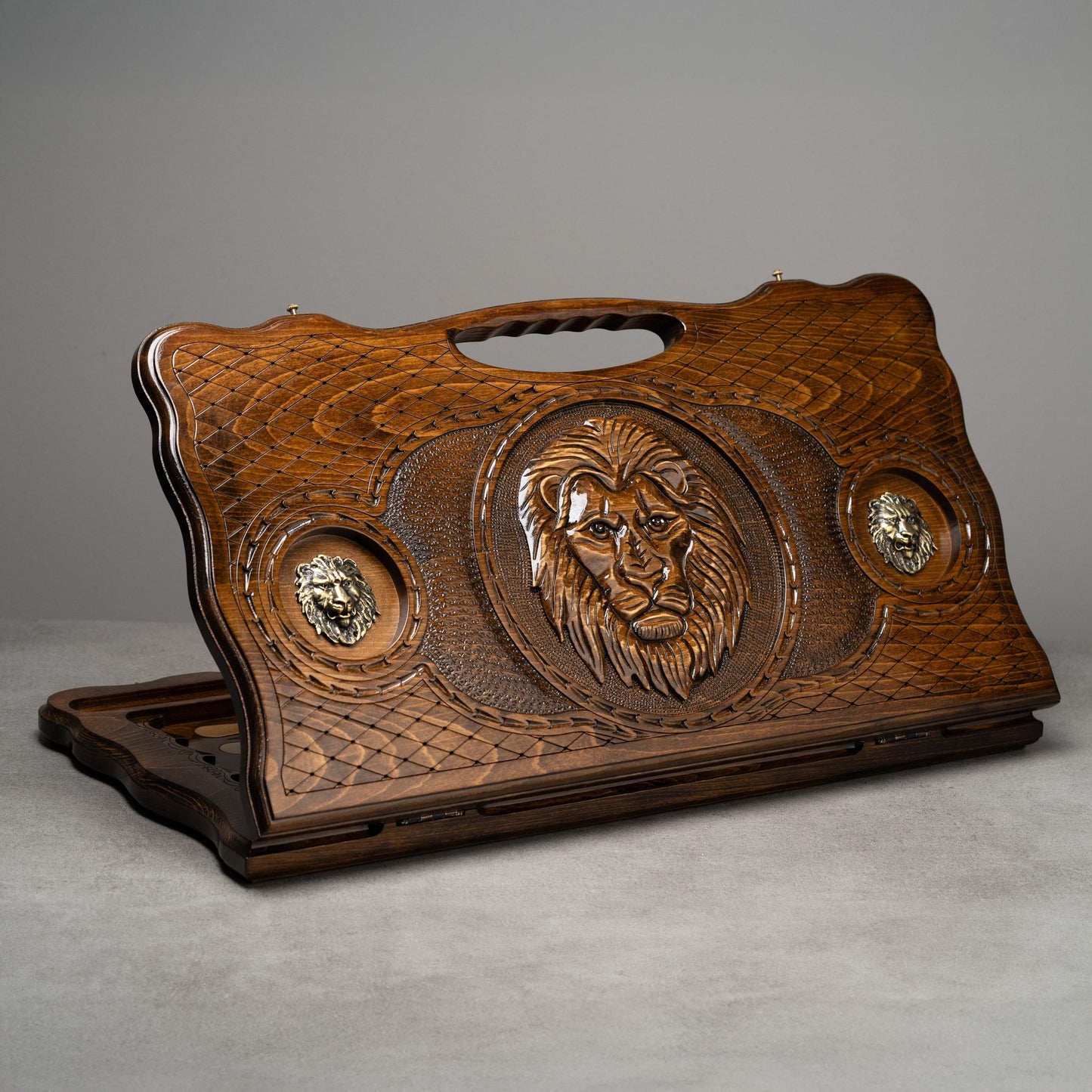Luxury Wooden Backgammon Set with Majestic Hand-Carved Lion Design