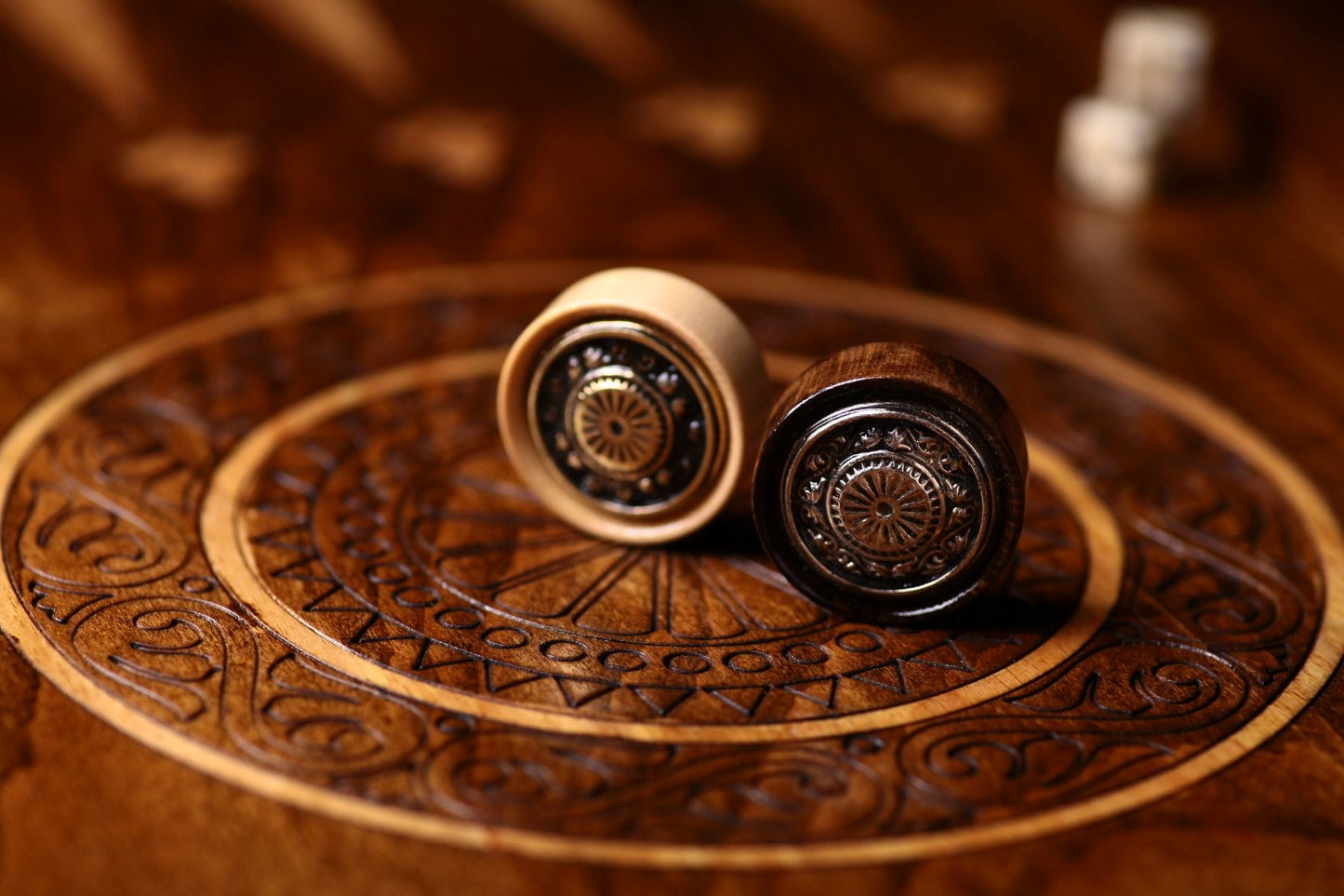 Bronze Backgammon Pieces with Intricate Ornament Design