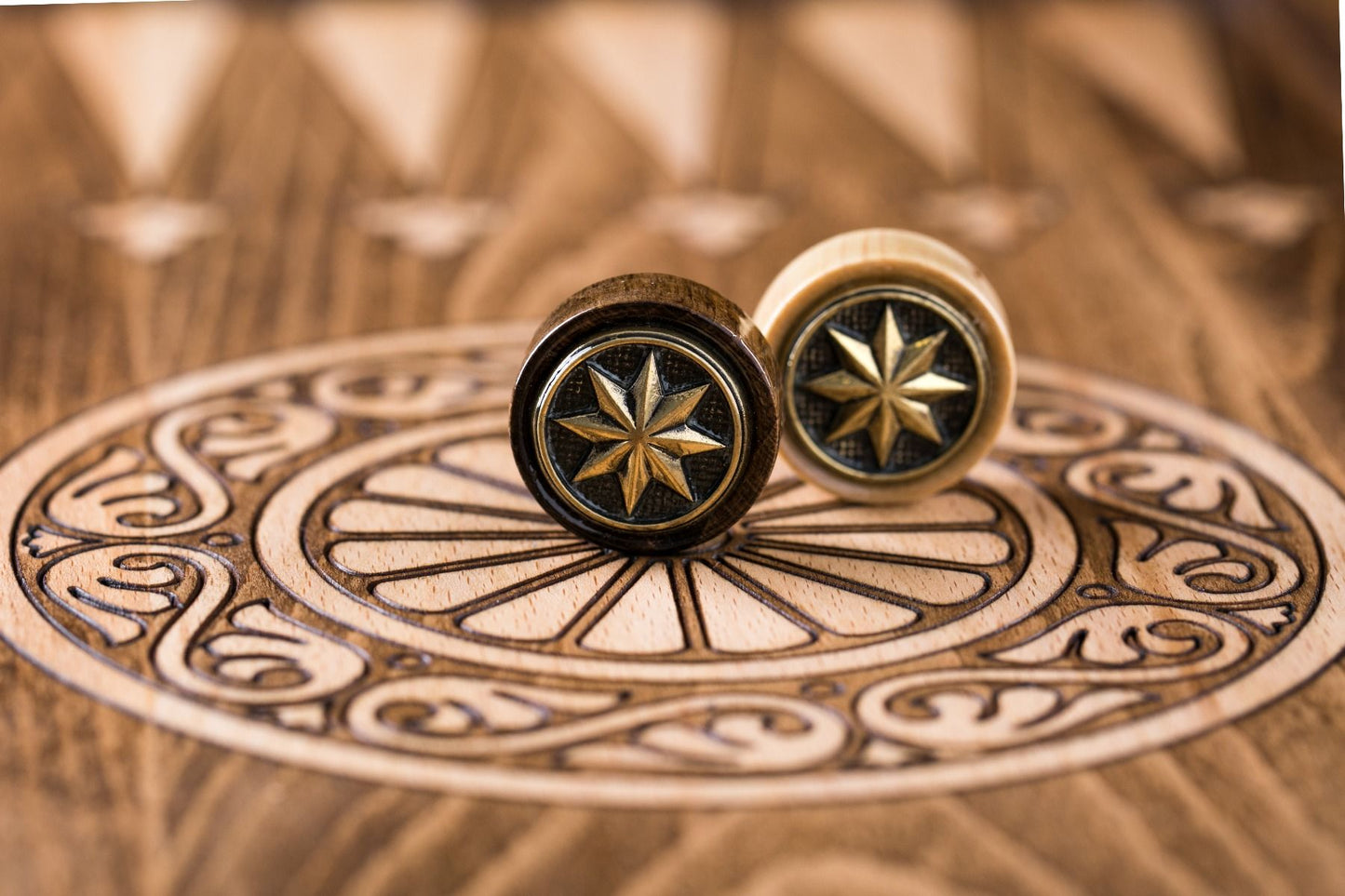 Wooden Backgammon Pieces - Octagram Star Design with Bronze Detail