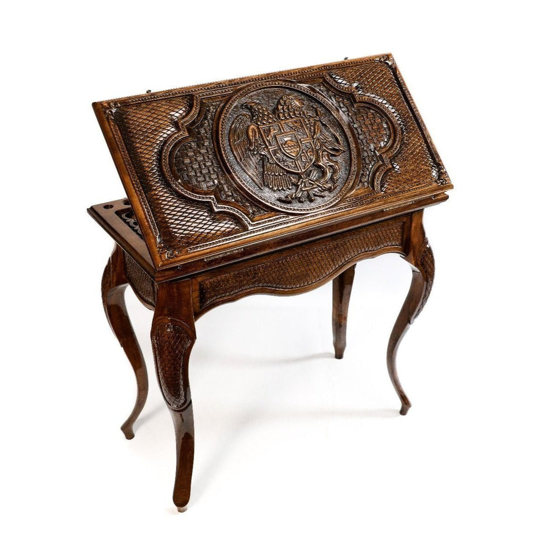 Hand-carved Armenian backgammon table with the national coat of arms