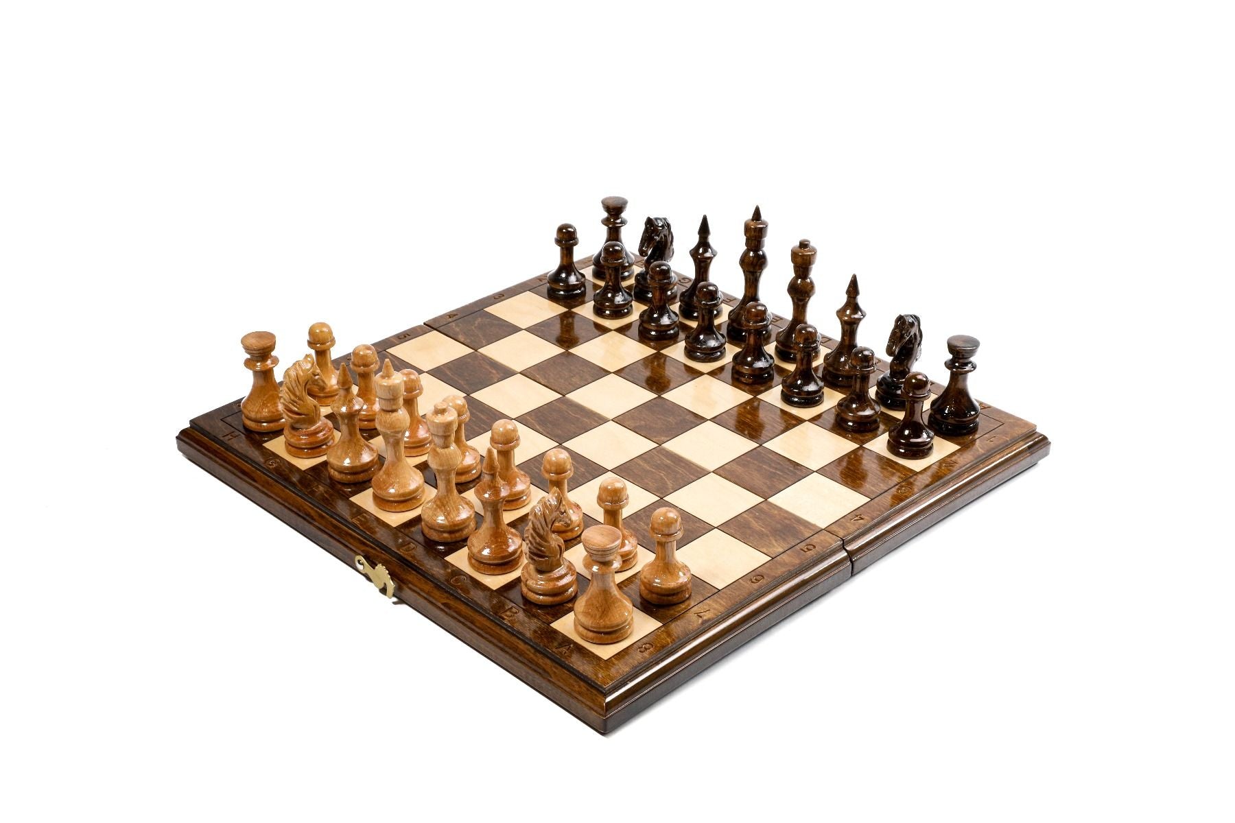 Classic hand-carved wooden chess set with pieces set up for play