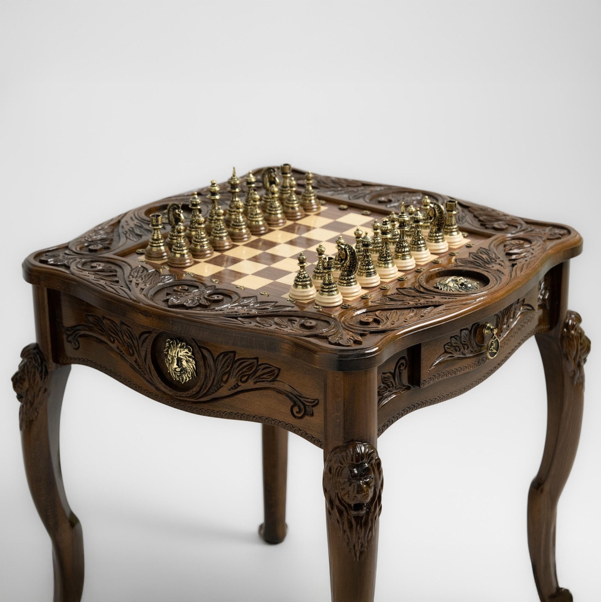 Hand-carved Armenian chess table with regal lion design and brass pieces