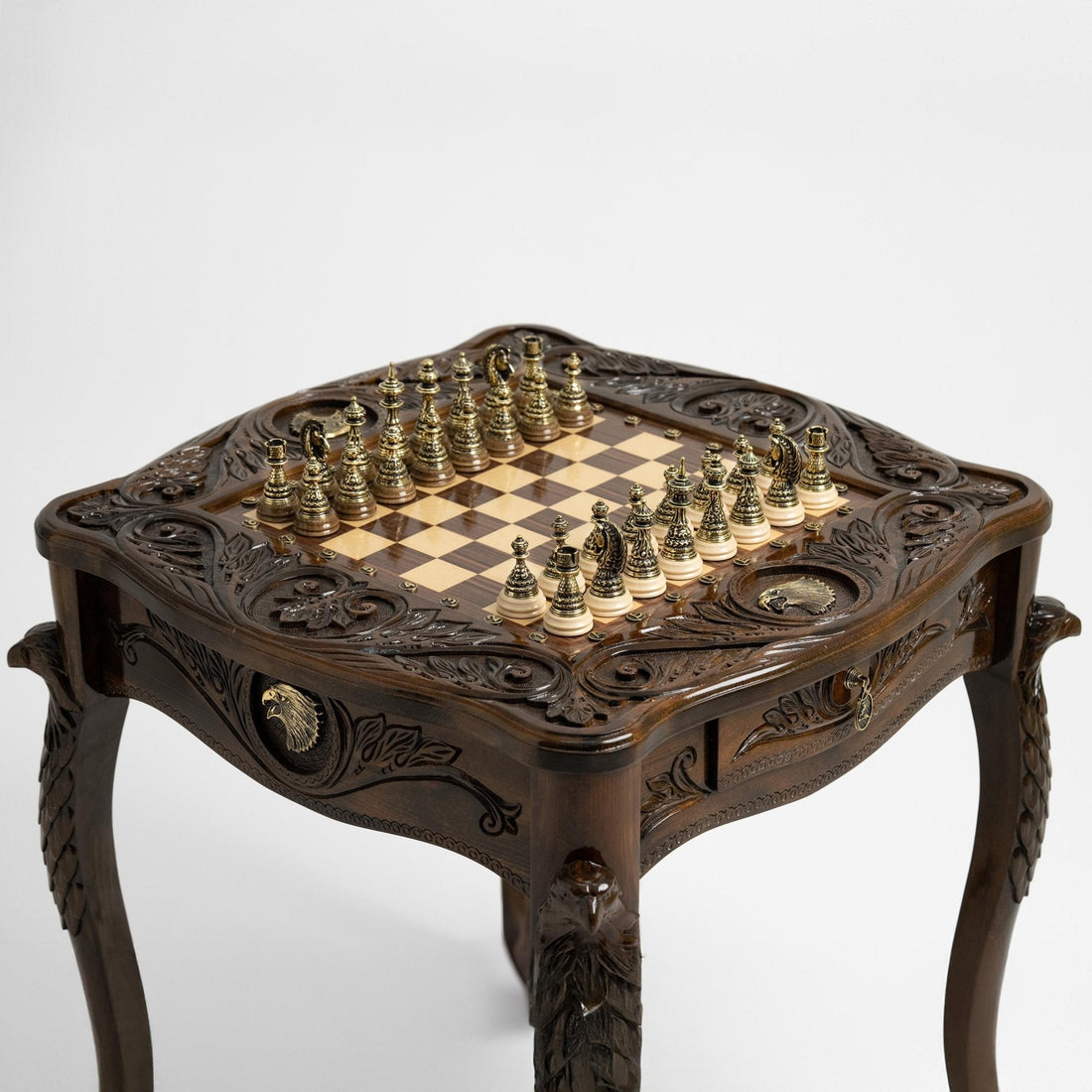 Hand-carved luxury chess table with an eagle motif
