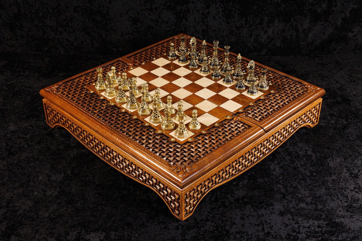 Handmade wooden chess set with storage: carved box-style board with brass pieces and built-in drawers
