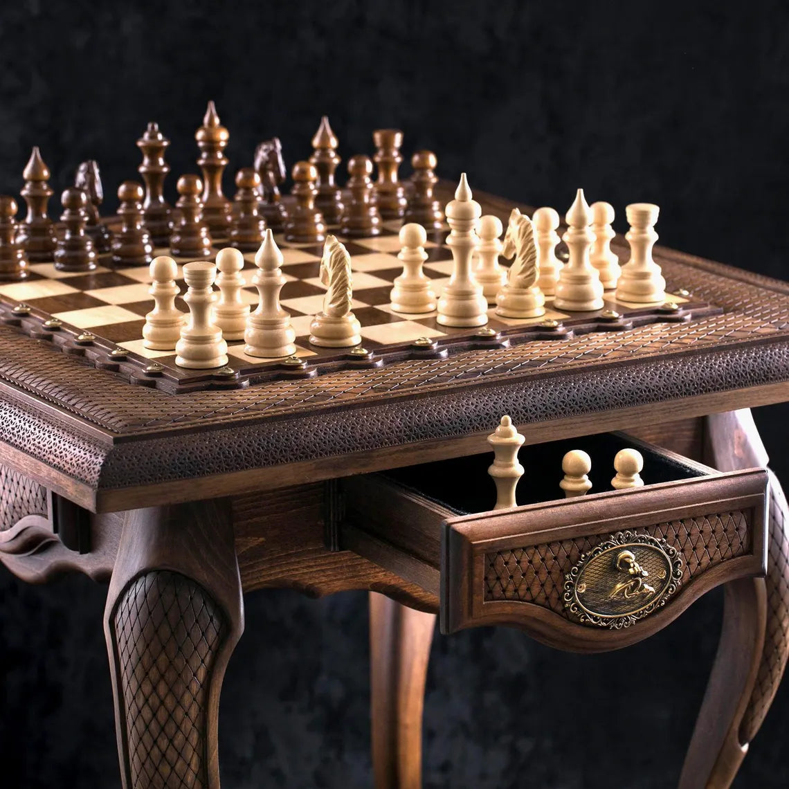 Handmade wooden chess table with carved lion design — Chess Tables collection