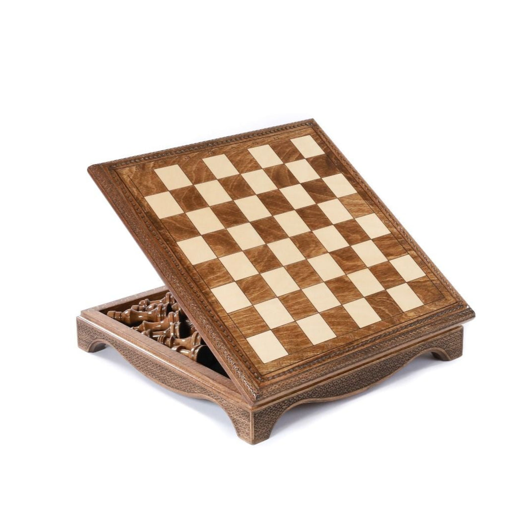 Handcrafted chess board with open storage compartment