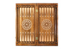 Carved Classic Eagle backgammon board - playing pieces and dice arranged on the board